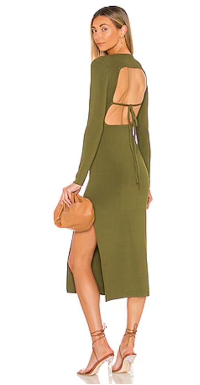 Shona Joy Lyon Olive Green Stretch Knit Open Back Long Sleeve Midi Fall Witchy